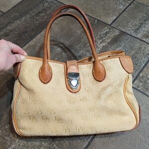 Dooney & Bourke Classic DB Monogram Canvas Shoulder Bag Leather Trim Beige/Tan